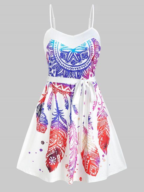 Plus Size Dress Bohemian Cami Dress Dream Catcher Print Belted A Line Mini Dress