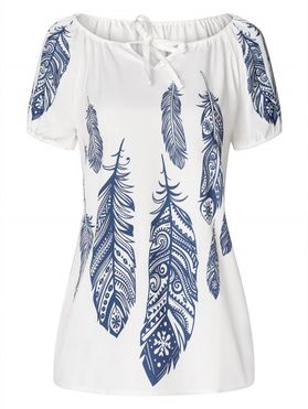 Cut Out Feather Print Tie Up Puff Sleeves T Shirt