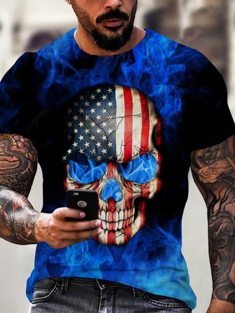 T-shirt Gothique à Imprimé Drapeau Américain Crâne Flamme