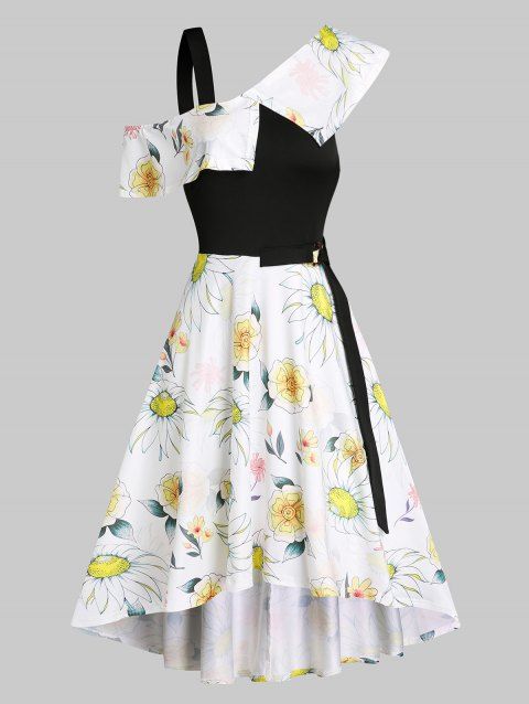 Vacation Printed Sunflower O Ring Belt Skew Neck A Line High Low Dress