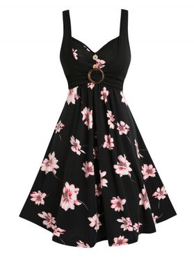 O Ring Flower Print Ruched Casual Dress