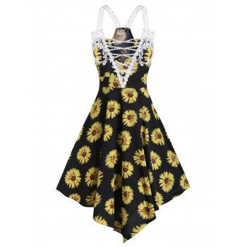 Women's Sunflower Print Lace Asymmetric Dress