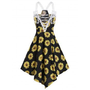 

Sunflower Print Lace Asymmetric Dress, Black