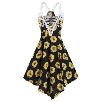Sunflower Print Lace Asymmetric Dress dresslily imagine noua 2022