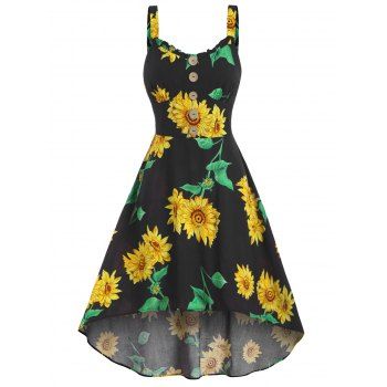 Sunflower Print Sundress Mock Button High Low Dress Sleeveless A Line Midi Dress