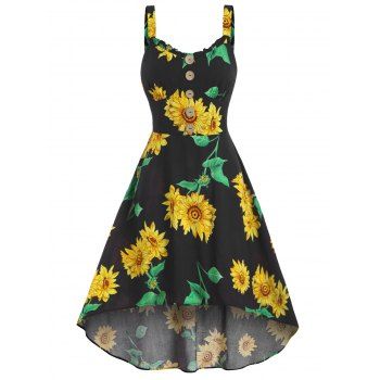 

Sunflower Print Sundress Mock Button High Low Dress Sleeveless A Line Midi Dress, Black