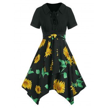 

Sunflower Print Fit And Flare Dress Lace Up Bowknot Combo Dress Short Sleeve Asymmetric Handkerchief Dress, Black