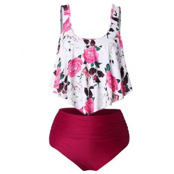 

Plus Size Flower Print Ruffle Padded Tankini Swimsuit, Deep red
