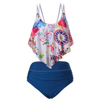 

Splatter Paint Flower High Waisted Tankini Swimwear, Deep blue