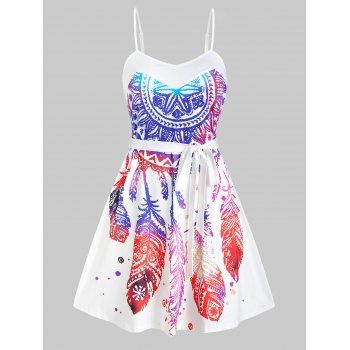 

Plus Size Dress Bohemian Cami Dress Dream Catcher Print Belted A Line Mini Dress, White