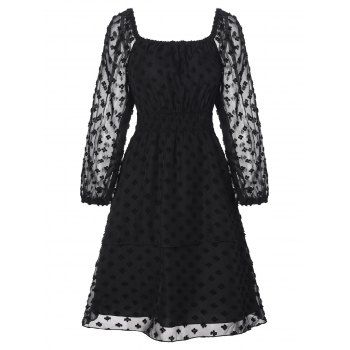 

Swiss Dot Chiffon Mini Dress Layered Tie Back Cutout A Line Dress High Waist Long Sleeve Dress, Black