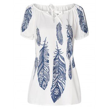 

Cut Out Feather Print Tie Up Puff Sleeves T Shirt, White