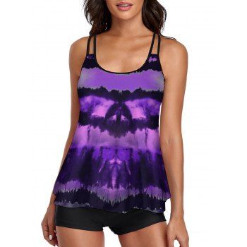 

Modest Tankini Swimsuit Tie Dye Swimwear Dual Strap Boyshorts Beach Bathing Suit, Purple