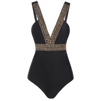 

Sequin Swimwear Strap Plunging V Neck One-piece Swimsuit, Black