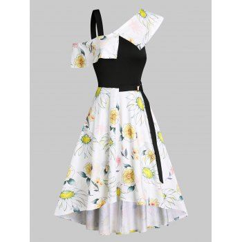 

Vacation Printed Sunflower O Ring Belt Skew Neck A Line High Low Dress, White
