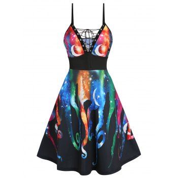 

Galaxy Octopus Print Sundress Lace Up Spaghetti Strap Midi Dress Backless High Waist Cami Dress, Black
