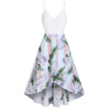 

Tropical Floral Lace Crochet Leaf Print A Line High Low Cami Dress, Light green