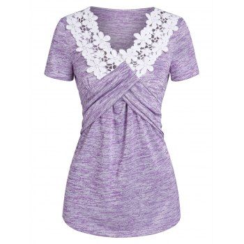 

Space Dye Crossover Flower Guipure Short Sleeve Tee, Light purple