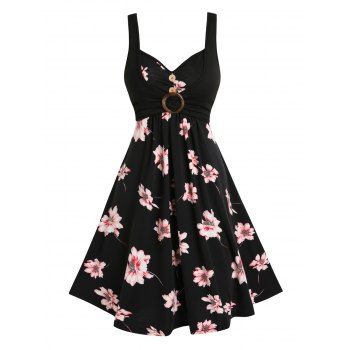 

Flower Print Vacation Dress O Ring Mock Button Ruched A Line Dress High Waist Casual Dress, Black