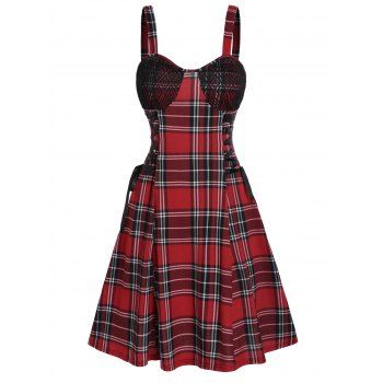 

Vintage Plaid Print Mini Dress Lace-up Corset Style A Line Dress Lace Insert Sleeveless Dress, Deep red