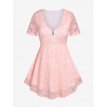

Plus Size Zip Lace V Neck Curved Hem T Shirt, Light pink