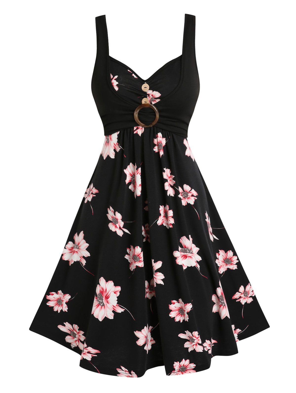 Flower Print Vacation Dress O Ring Mock Button Ruched A Line Dress High Waist Casual Dress - BLACK XXL