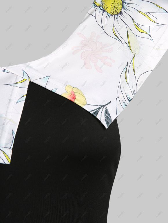 Robe Ligne A Haute Basse Ceinture à Imprimé Tournesol Bague en O de Vacance - Blanc 2XL