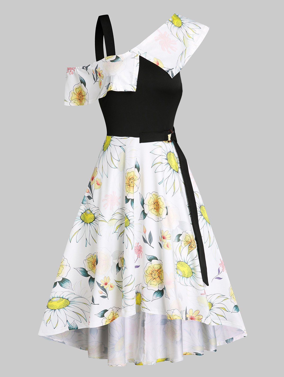 Vacation Printed Sunflower O Ring Belt Skew Neck A Line High Low Dress - WHITE S