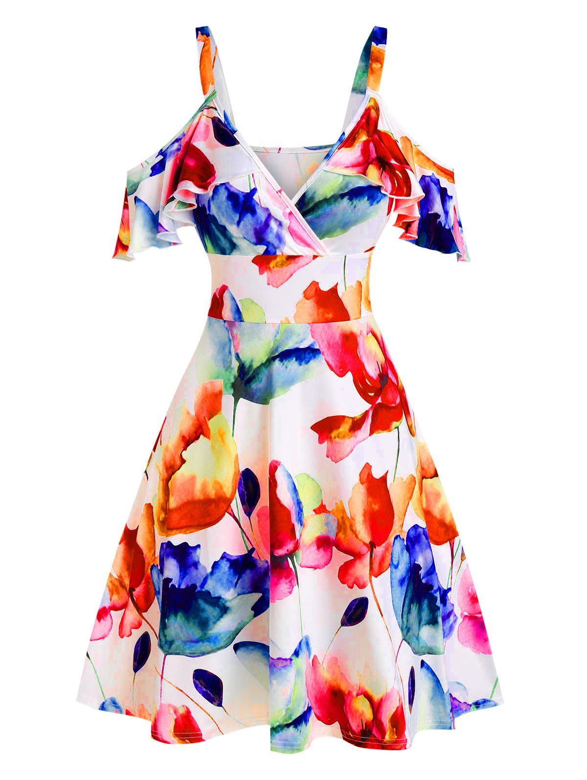 Summer Flower Printed Cold Shoulder High Waist A line Mini Dress - WHITE L