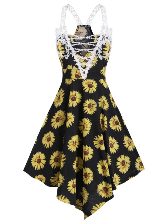 Sunflower Print Lace Asymmetric Dress - BLACK XXL