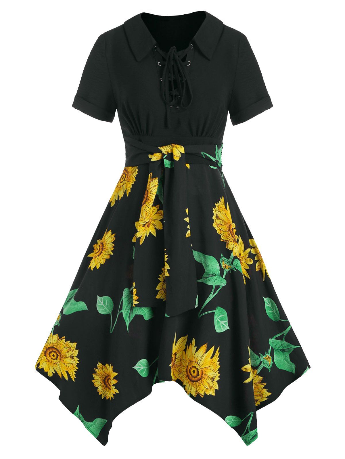 Sunflower Print Fit And Flare Dress Lace Up Bowknot Combo Dress Short Sleeve Asymmetric Handkerchief Dress - BLACK XXXL