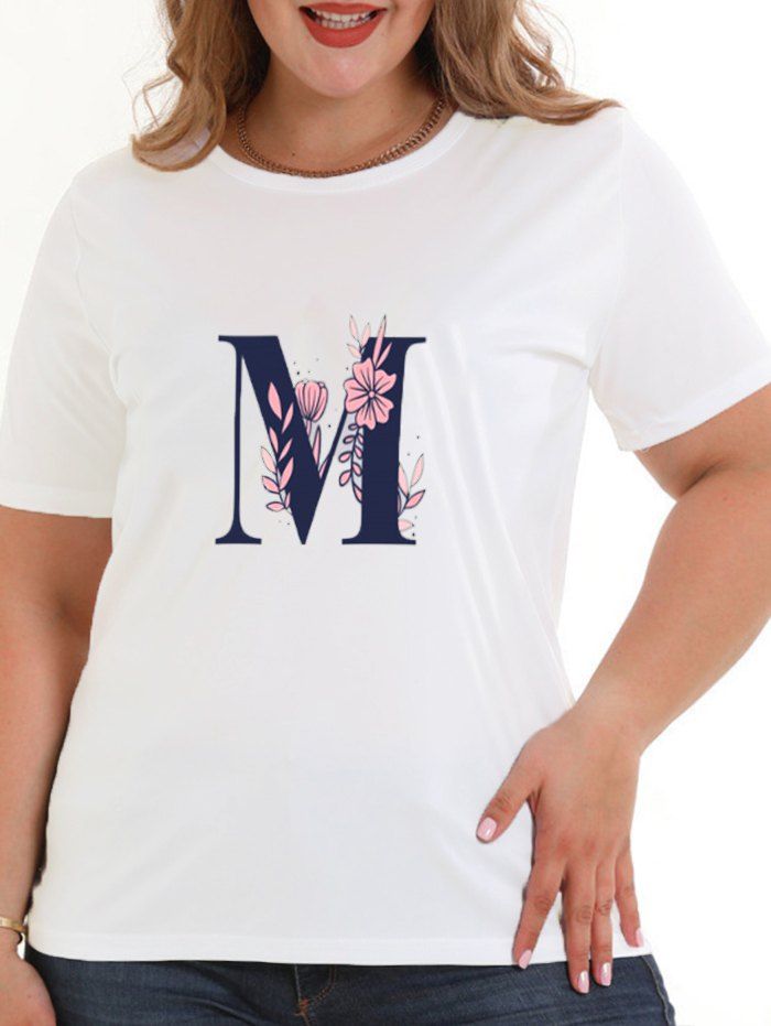 T-Shirt Motif Lettre m et Fleurs Style Graphique Grande-Taille - Blanc 1XL