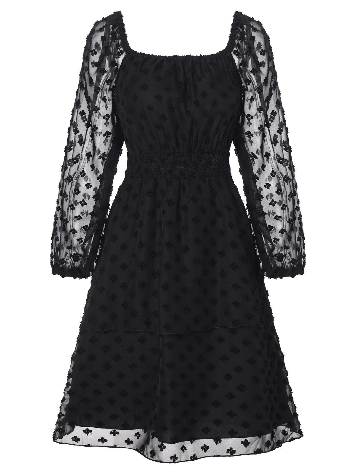 Swiss Dot Chiffon Mini Dress Layered Tie Back Cutout A Line Dress High Waist Long Sleeve Dress - BLACK M