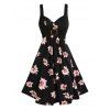 Flower Print Vacation Dress O Ring Mock Button Ruched A Line Dress High Waist Casual Dress - BLACK XXL