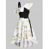 Vacation Printed Sunflower O Ring Belt Skew Neck A Line High Low Dress - WHITE 3XL