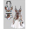 Vintage Flower Print Crop Tankini Swimsuit and Cami Dress Outfit - multicolor S