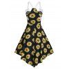Sunflower Print Lace Asymmetric Dress - BLACK XXL