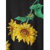 Sunflower Print Sundress Mock Button High Low Dress - BLACK L