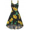 Sunflower Print Sundress Mock Button High Low Dress - BLACK L