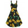Sunflower Print Sundress Mock Button High Low Dress Sleeveless A Line Midi Dress - BLACK XXXL