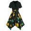 Sunflower Print Fit And Flare Dress Lace Up Bowknot Combo Dress Short Sleeve Asymmetric Handkerchief Dress - BLACK L