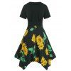Sunflower Print Fit And Flare Dress Lace Up Bowknot Combo Dress Short Sleeve Asymmetric Handkerchief Dress - BLACK XXXL