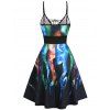 Galaxy Octopus Print Sundress Lace Up Spaghetti Strap Midi Dress Backless High Waist Cami Dress - BLACK XXL
