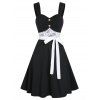 Summer Vacation Floral Lace Insert Button Ruched Belted Dress - BLACK L