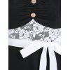 Summer Vacation Floral Lace Insert Button Ruched Belted Dress - BLACK L