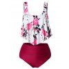 Maillot de Bain Tankini Rembourré à Imprimé Fleur de Grande Taille à Volants - Rouge foncé 3X