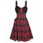 Vintage Plaid Print Mini Dress Lace-up Corset Style A Line Dress Lace Insert Sleeveless Dress - DEEP RED XXL