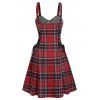 Vintage Plaid Print Mini Dress Lace-up Corset Style A Line Dress Lace Insert Sleeveless Dress - DEEP RED XXL