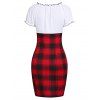 Colorblock Plaid Print Twisted Mini Dress Contrast Ruffles Mock Button Empire Waist Sheath Dress - RED XXXL