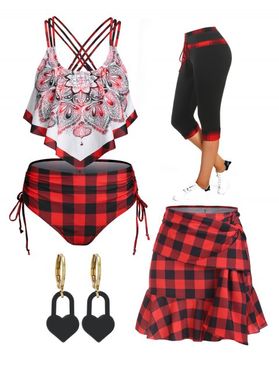 Vintage Plaid Flounce Swimsuit and Leggings and Flounce Skirt and Earrings Outfit